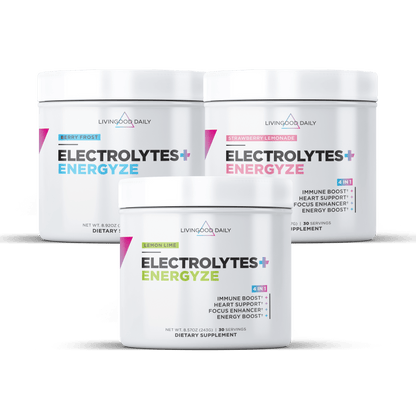 "Livingood Daily Electrolytes Energize Dietary Supplement Containers in Berry Frost, Strawberry Lemonade, and Lemon Lime flavors"