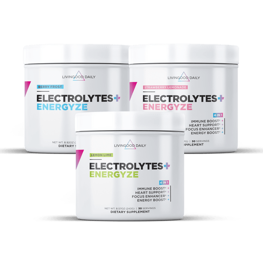 "Livingood Daily Electrolytes Energize Dietary Supplement Containers in Berry Frost, Strawberry Lemonade, and Lemon Lime flavors"
