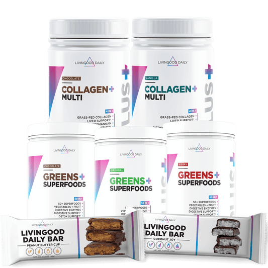 Livingood Daily nutritional supplements collection with Collagen Multi, Greens+ Superfoods, and snack bars.