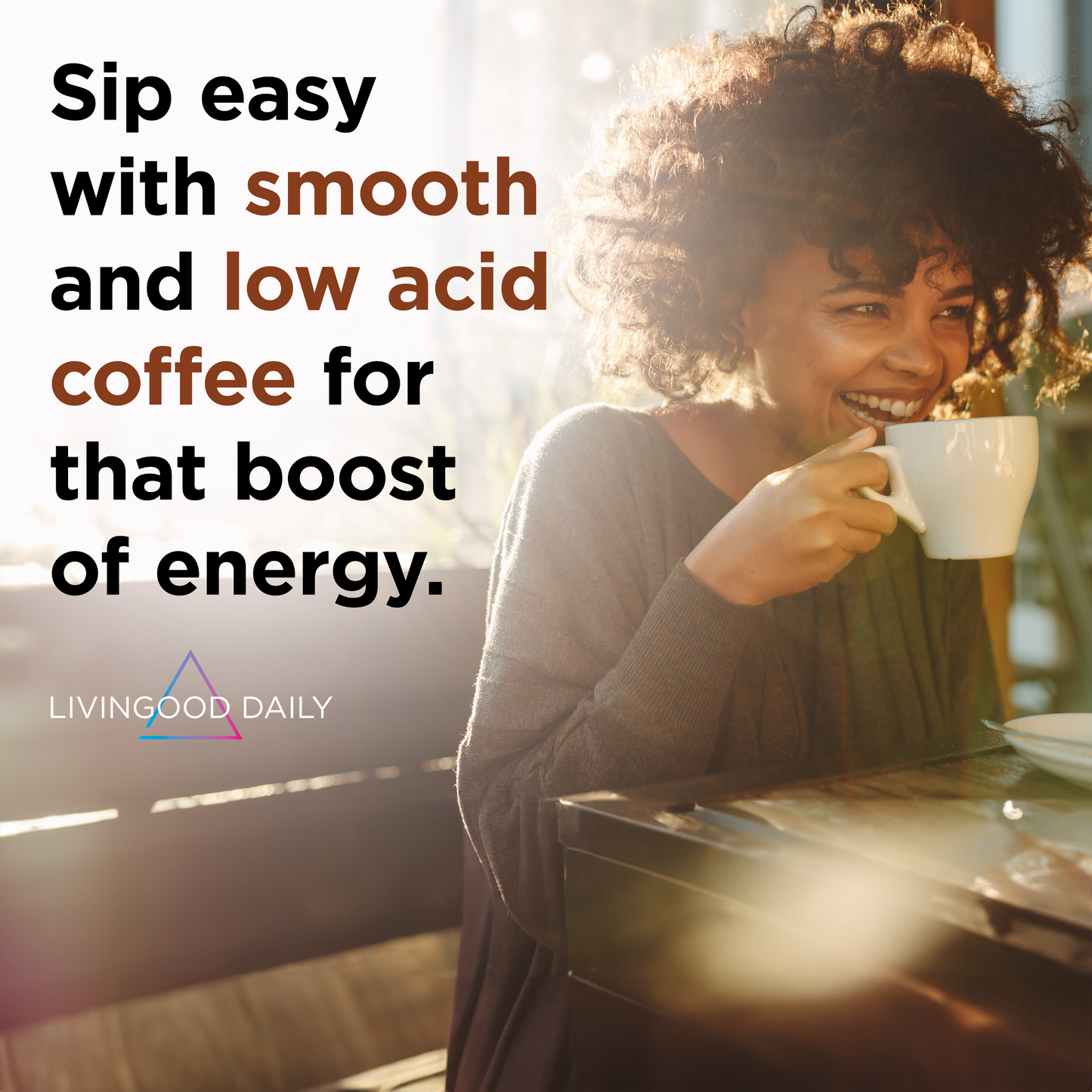 woman-enjoying-low-acid-coffee-smiling-sunlit-cafe