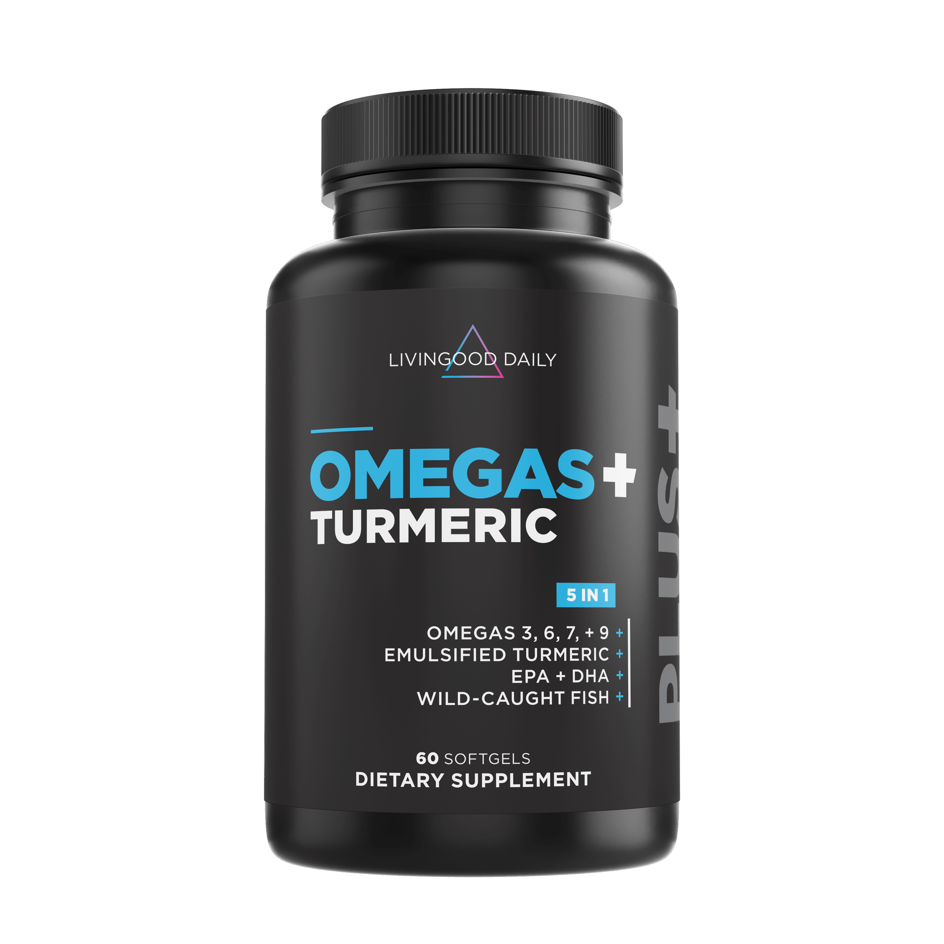 Omega-3 supplement bottle, Livingood Daily omegas plus turmeric, EPA DHA wild-caught fish, dietary supplement softgels.