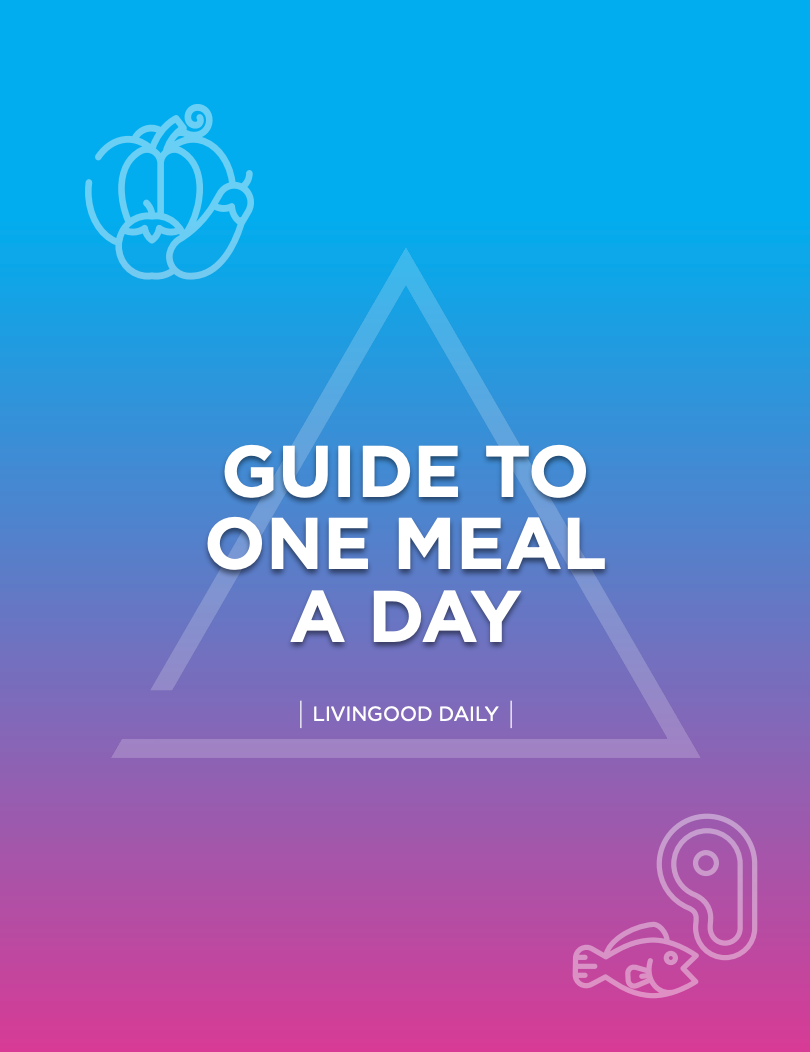 Cover of 'Guide to One Meal a Day' with a gradient blue to pink background and a logo on the top left corner.